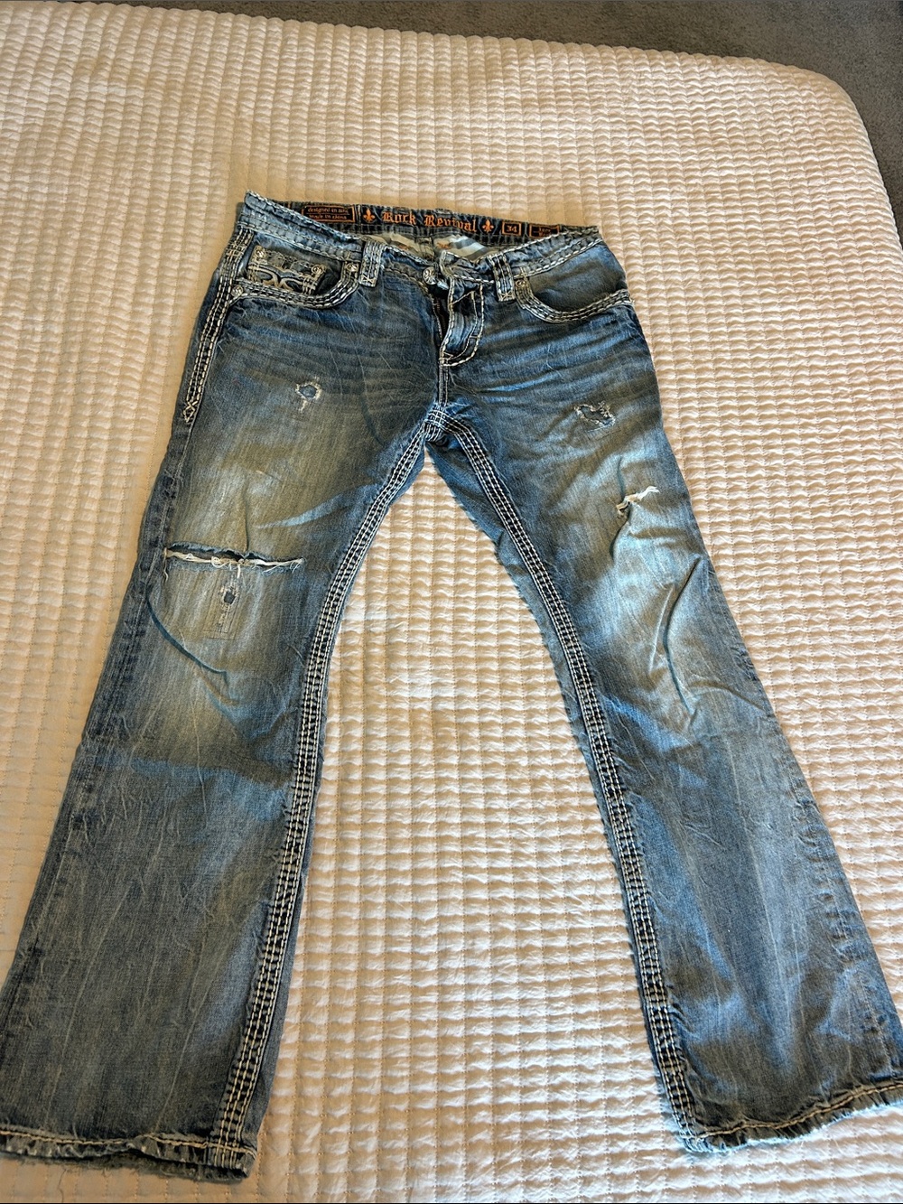 Rock Revival Men's Light Blue Distressed Bootcut Jeans